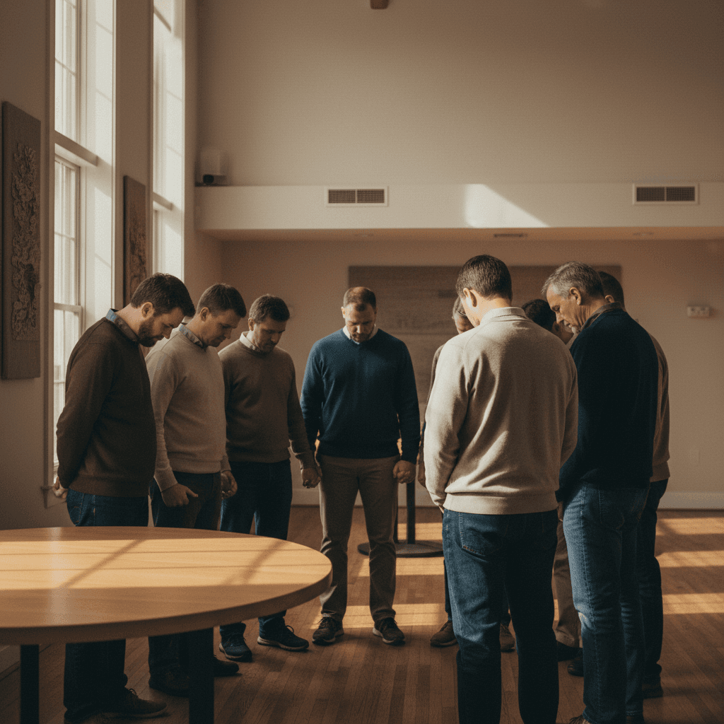 Men in prayer circle during Hombres Valientes meeting