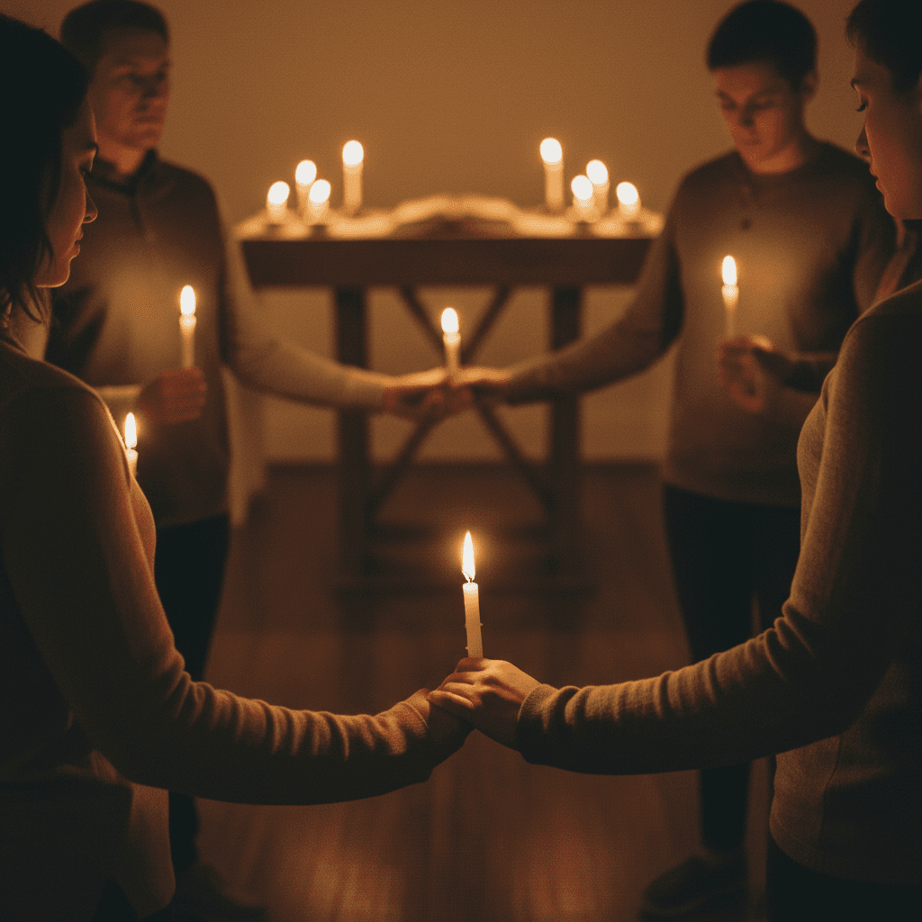 Church community prayer circle in warm candlelight
