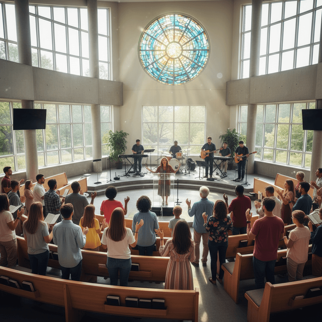 Congregation worshipping together during service