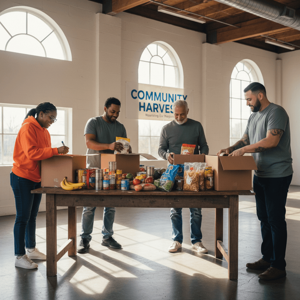 Volunteers packing food donations together
