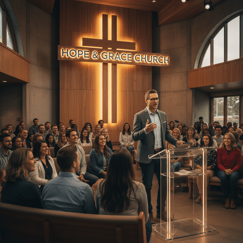 Pastor teaching at pulpit during sermon service