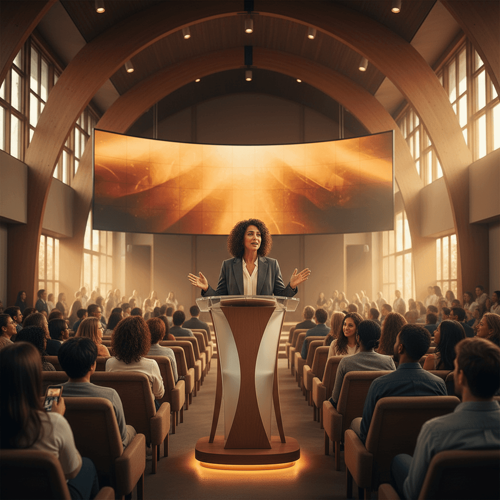 Pastor speaking from pulpit in modern church sanctuary with warm lighting and engaged congregation