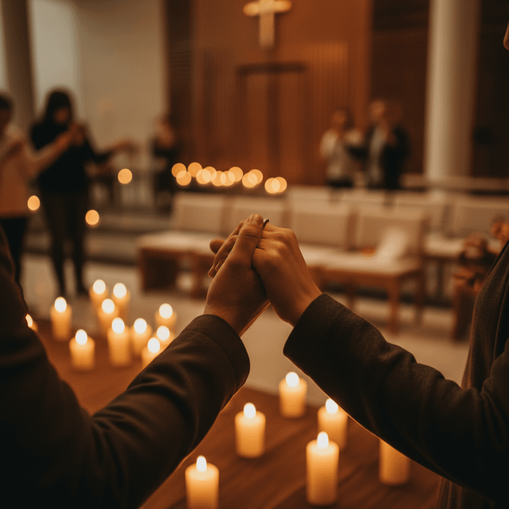 Hands joined in prayer during worship service