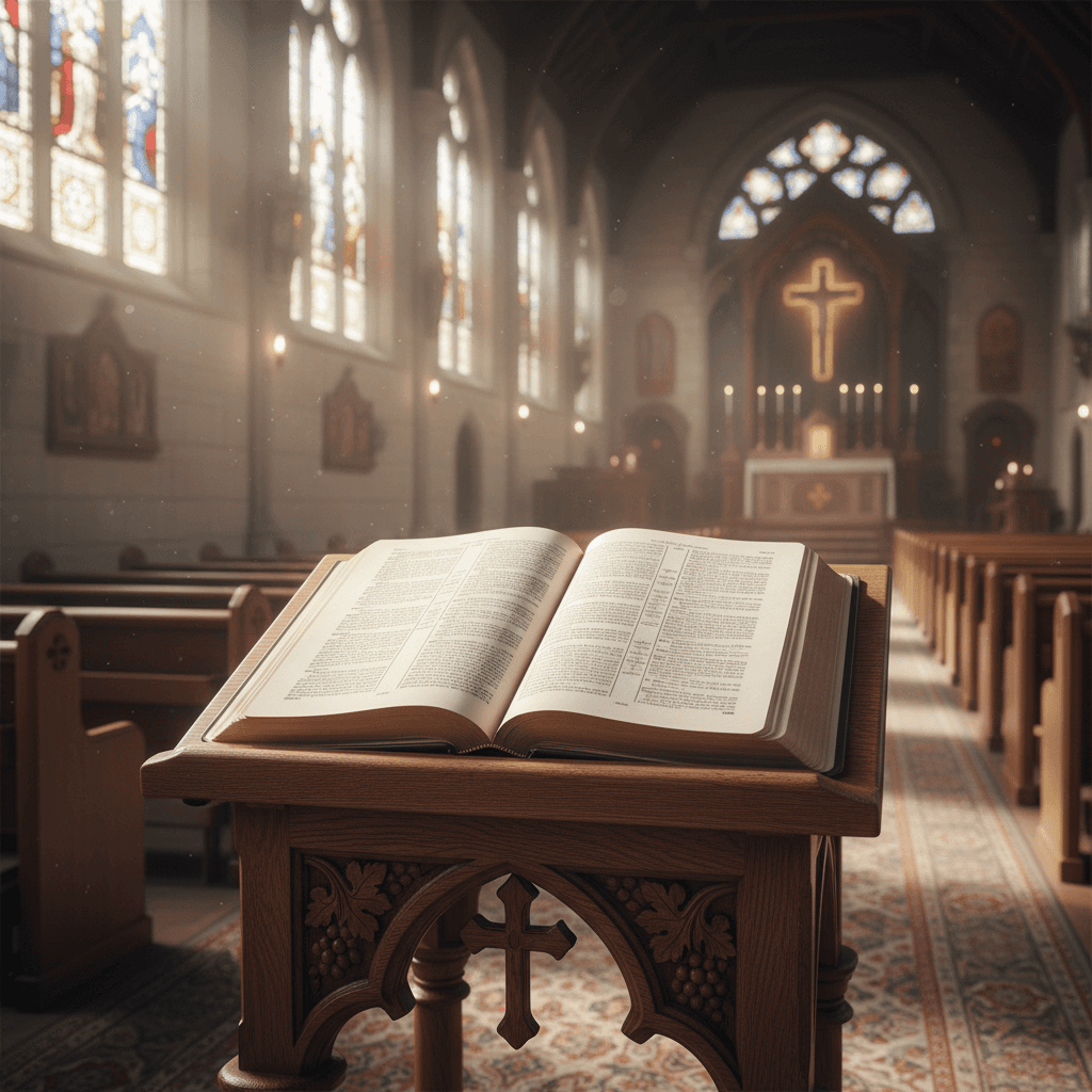Open Bible on wooden stand in bright church sanctuary with soft natural light