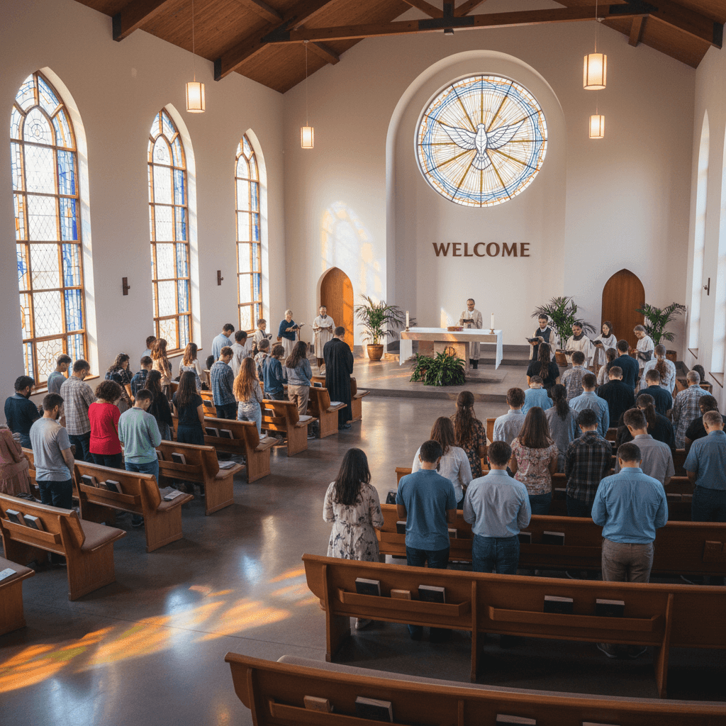 Community gathered for prayer meeting in welcoming church interior
