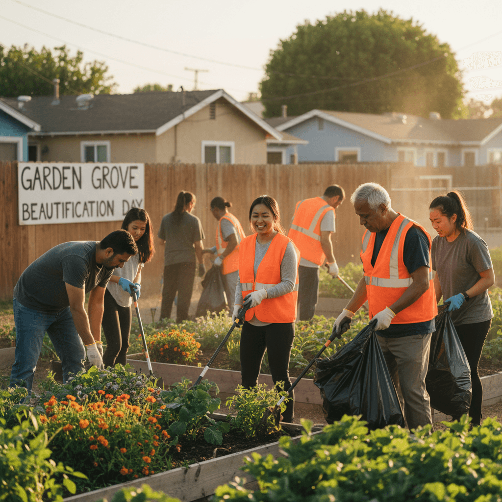 Community service volunteers at neighborhood project