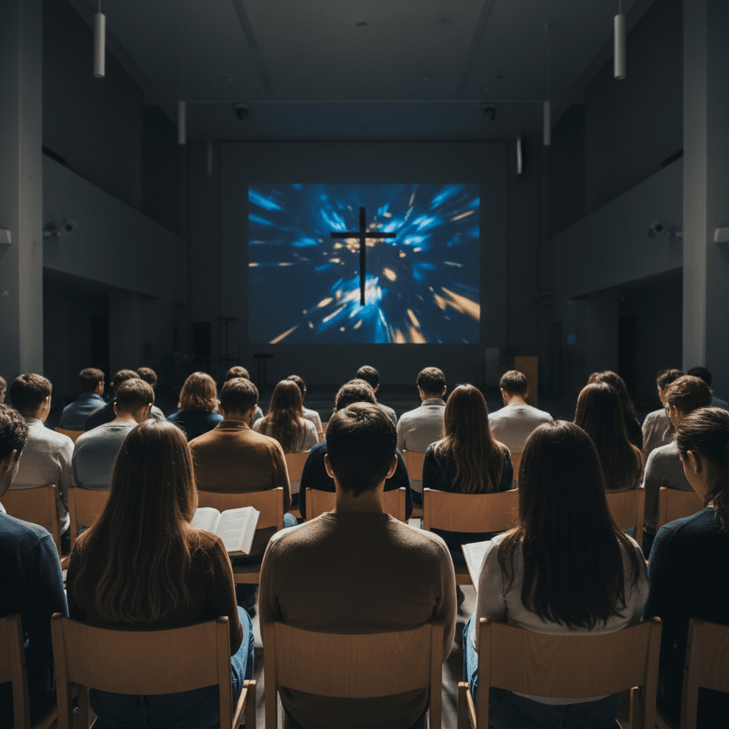 Young adults worshipping together at service