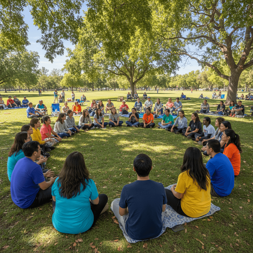 Community members engaged in outdoor faith gathering