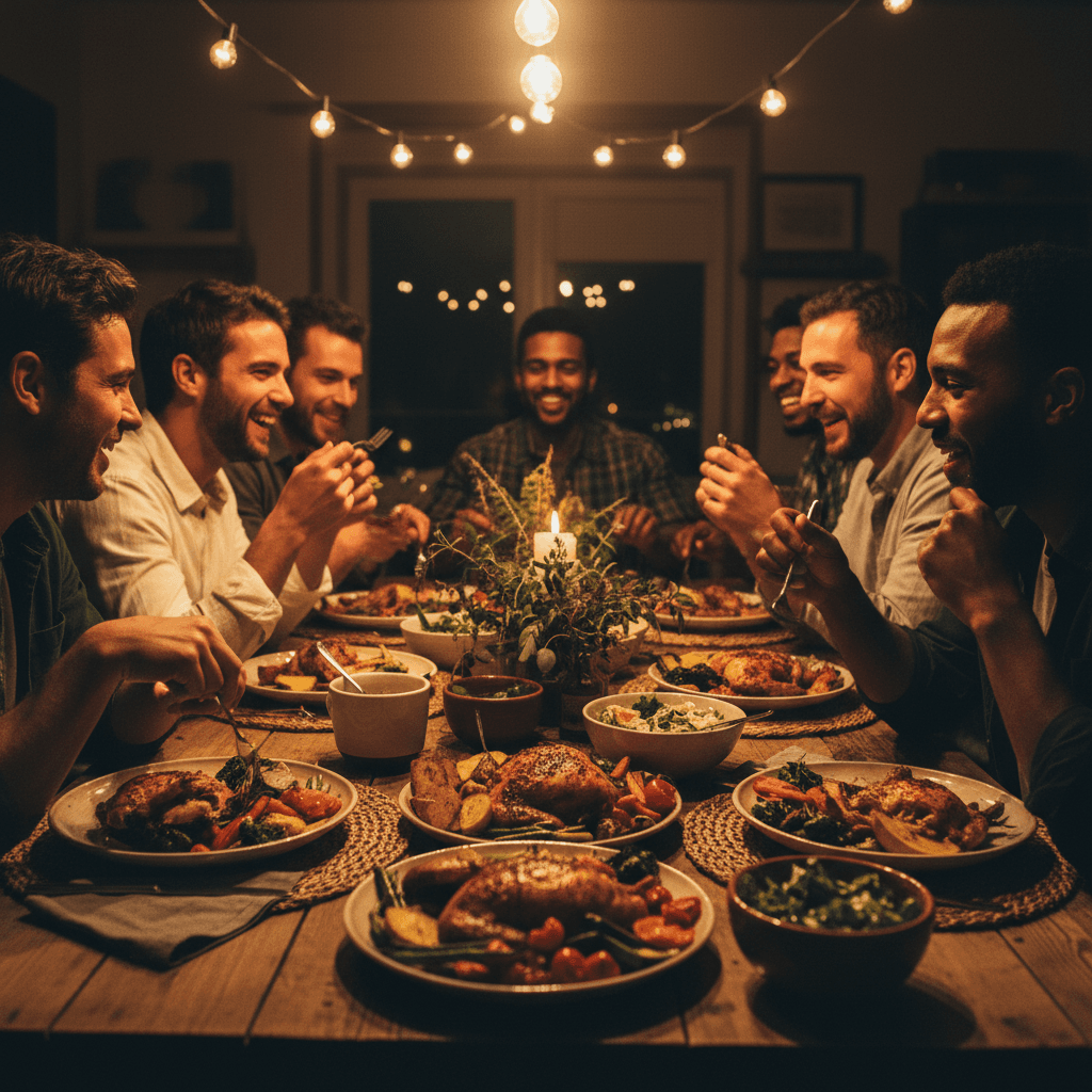 Men connecting over a shared meal at ministry event