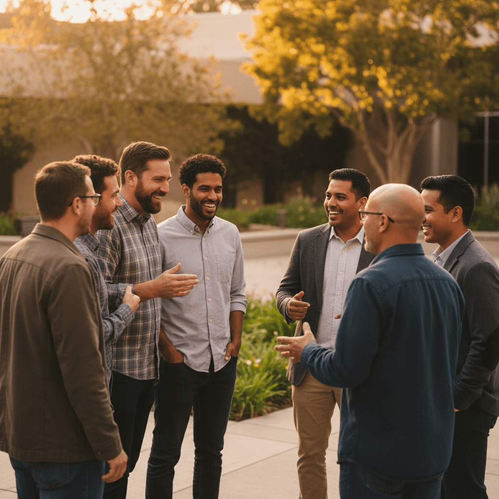 Diverse men gathered in community fellowship