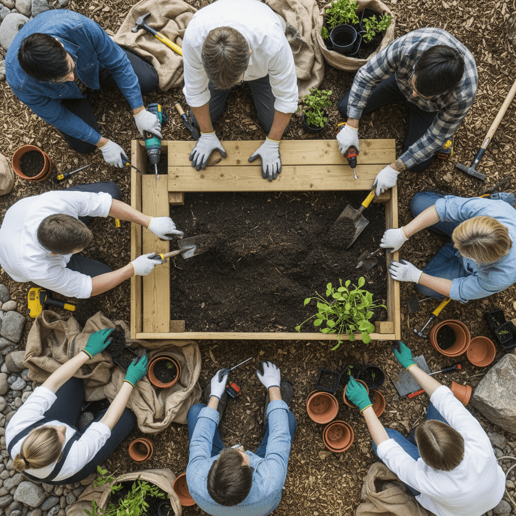 Group volunteers collaborating on service project