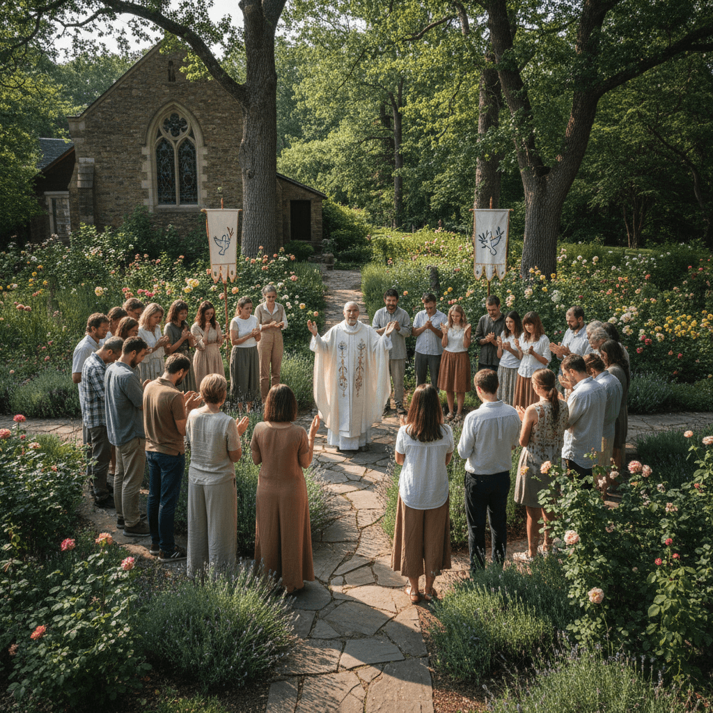 Pastor praying with congregation members at community event