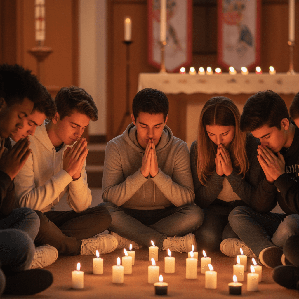 High school students praying together during a Crew Ministry worship gathering
