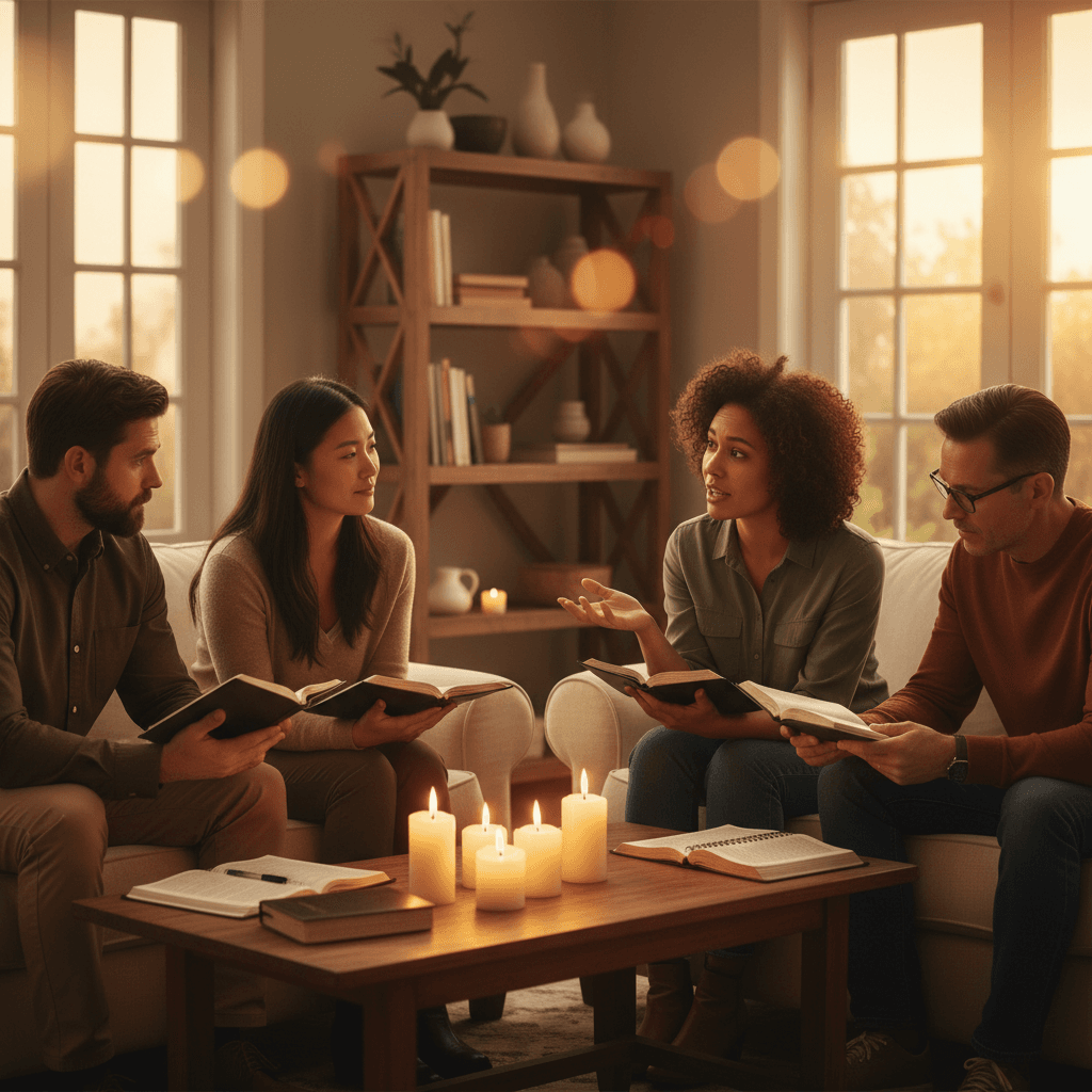 Small discipleship group discussing Scripture together