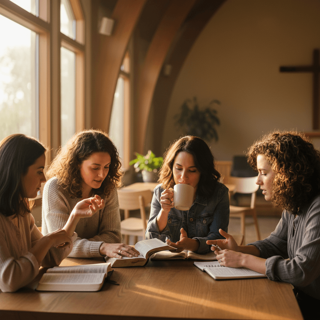 Women engaged in Bible study discussion at Mujer Radiante