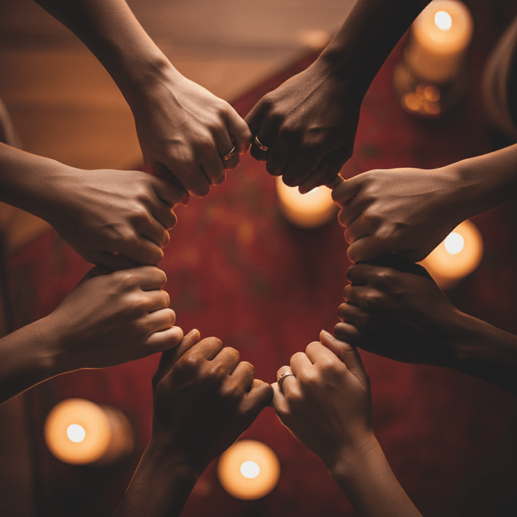 Community members joining hands in prayer
