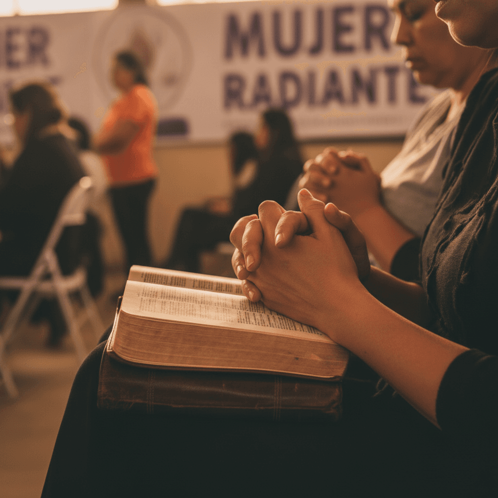Close-up of hands in prayer or spiritual connection at Mujer Radiante
