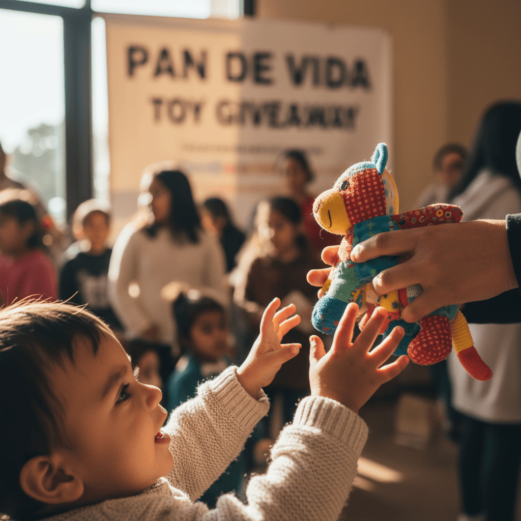 Child receiving toy during ministry giveaway