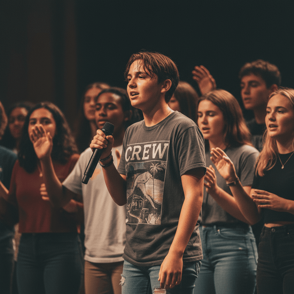 Teen worship leader leading music at Crew Ministry