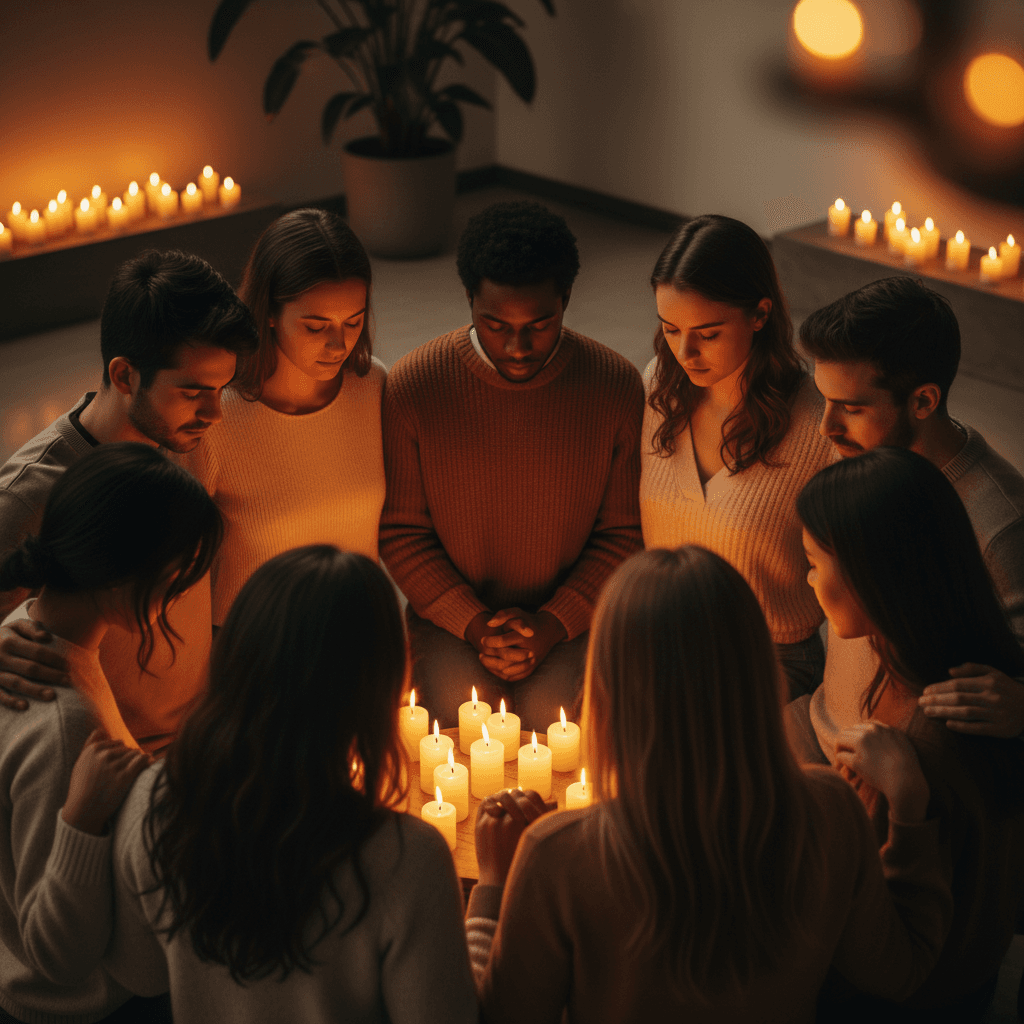 Young adults gathered in prayer circle