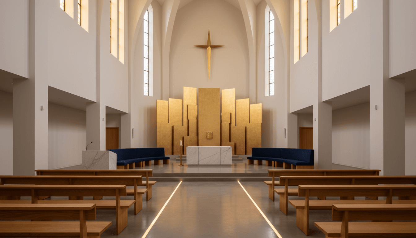 Modern church sanctuary with elegant lighting and subtle gold and navy accents
