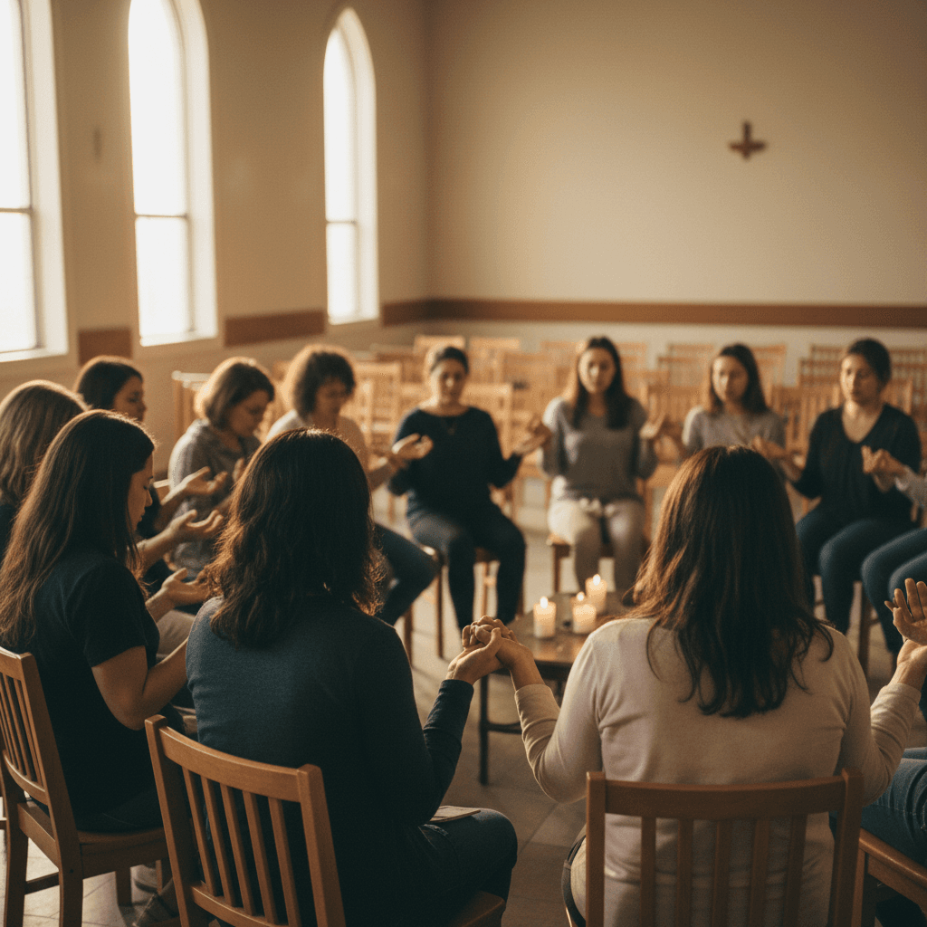 Women gathered in prayer circle at Mujer Radiante community event