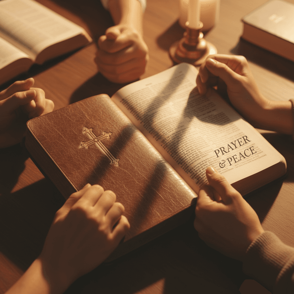 Hands holding Bible during prayer gathering