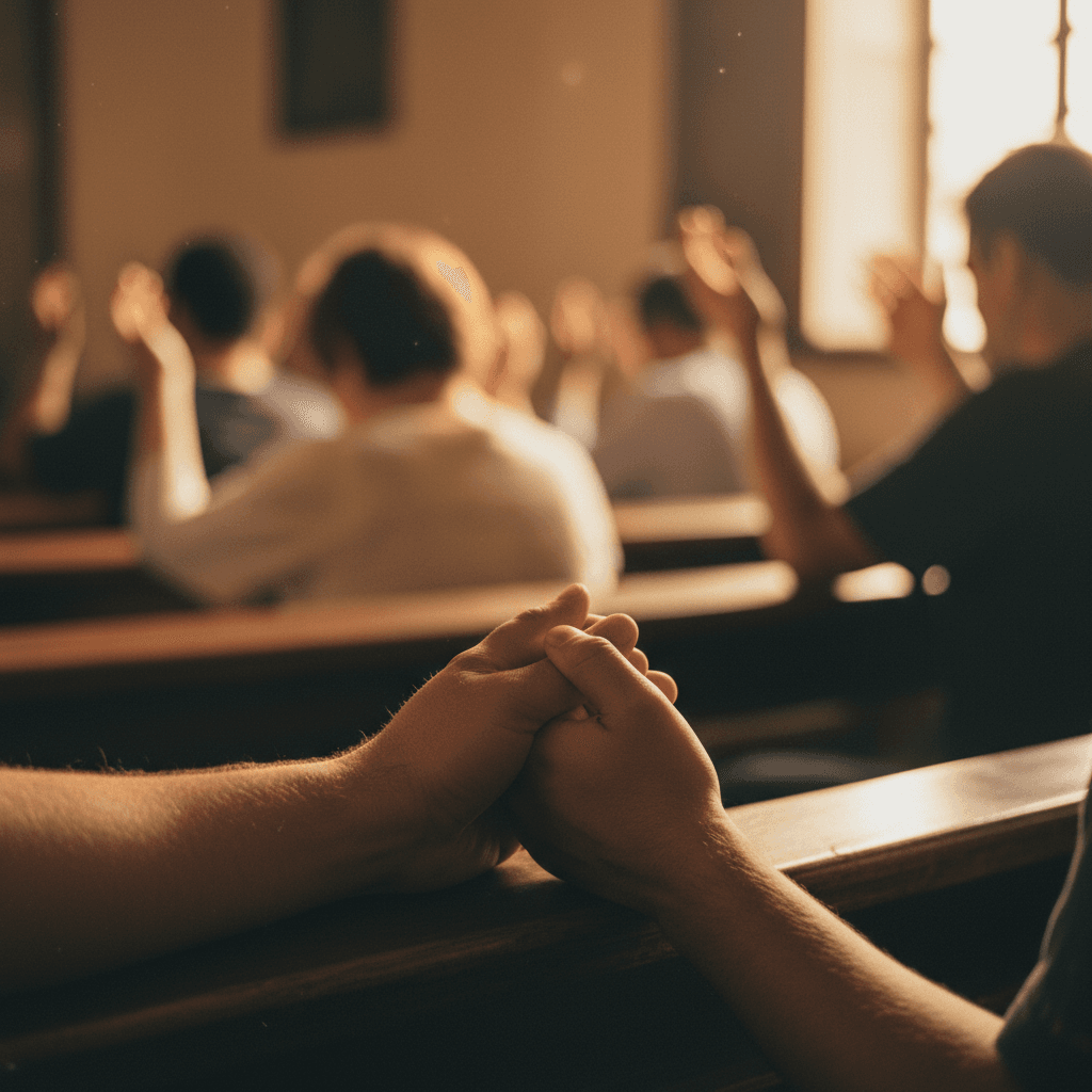 Closeup of hands joined in worship at Msi Orange County