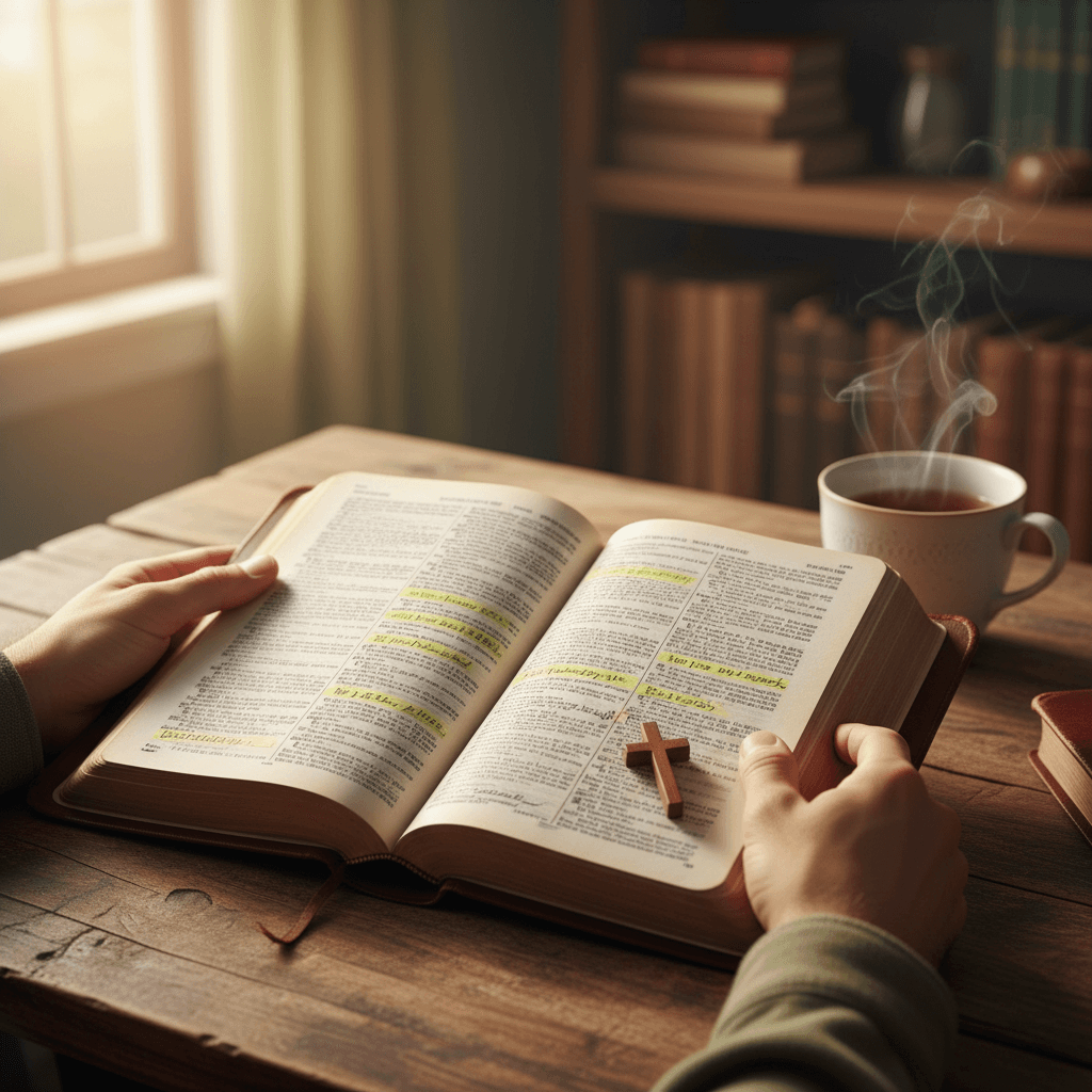 Bible and cross representing faith and scripture study at the church