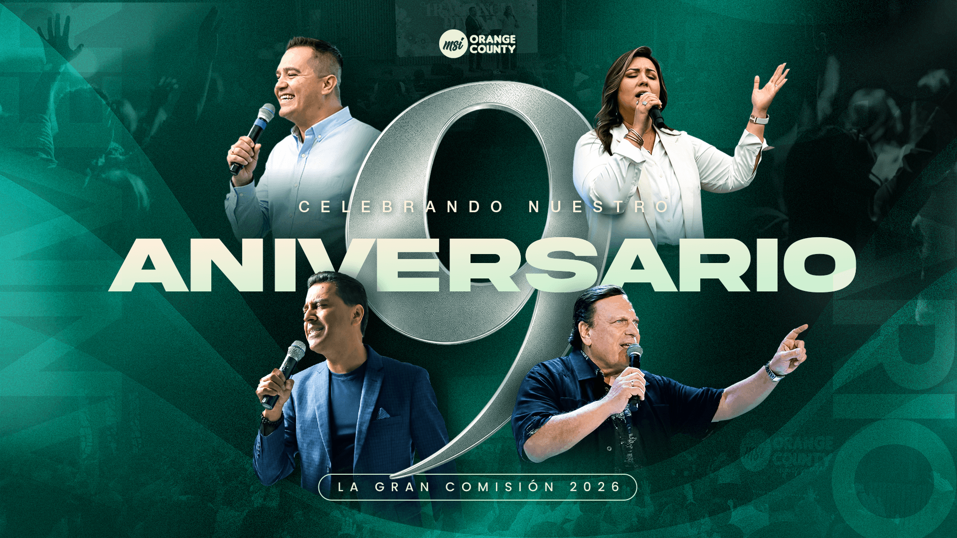 MSI Orange County 9th anniversary poster featuring four speakers and vocalists on green background.
