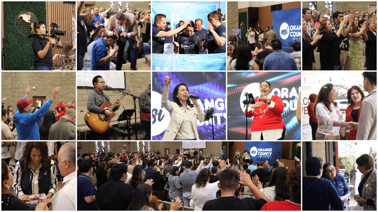 Collage of church service moments including worship, prayer, baptism, live music, and community fellowship.
